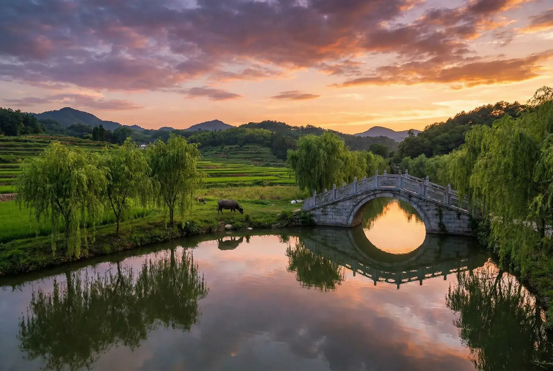 夕阳下的石拱桥与垂柳，水牛在河边吃草 - E道一卡二卡三卡网站 乡村美景